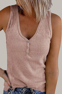 Solid V Neck Buttons Sleeveless Top