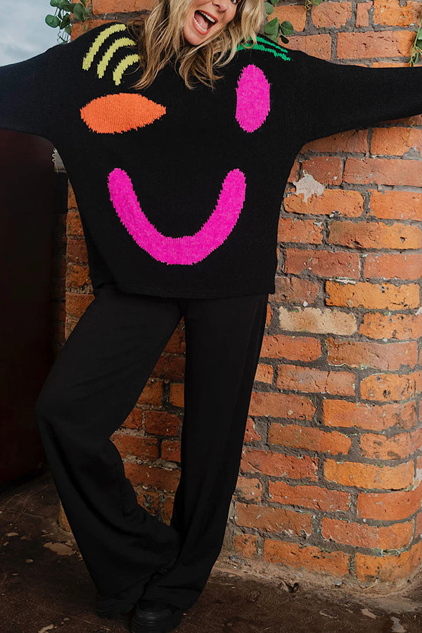 Feel Good Knit Colorful Smiley Face Loose Pullover Sweater