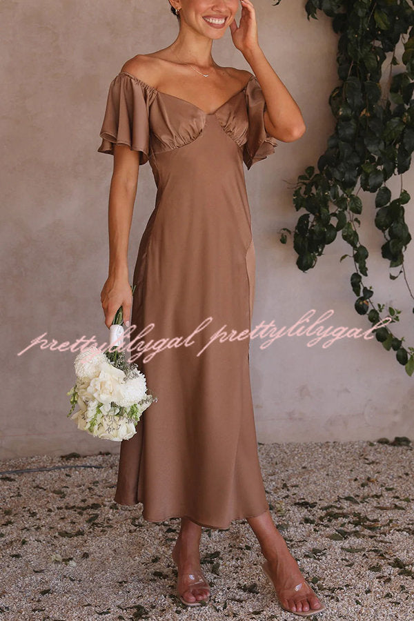 Pure Love Satin Butterfly Sleeve Slit Midi Dress