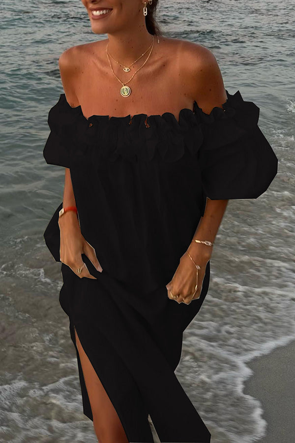 Francisca Linen Blend Off Shoulder Ruffle Puff Sleeve Pocketed Midi Dress Francisca Linen Blend Off Shoulder Ruffle Puff Sleeve Pocketed Midi Dress