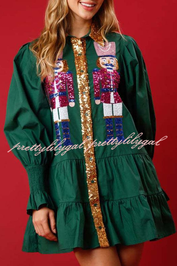 Nutcracker Sequined Button Down Long Sleeve Mini Dress