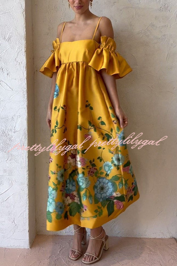 Sweetest Marigold Printed Gathered Sleeve Pocketed A-line Midi Dress