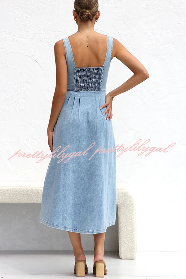 Spring Fling Washed Denim Button Pocket Back Smocked Midi Dress