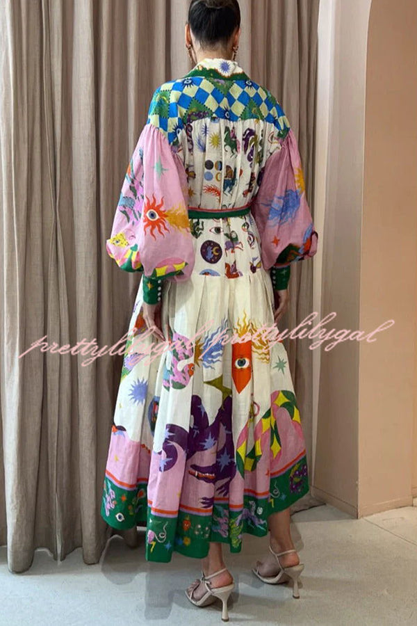 Effortless and Playful Unique Print Balloon Sleeve Shirt Midi Dress