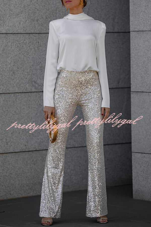 Diva Sequin High Rise Elastic Waist Flare Pants