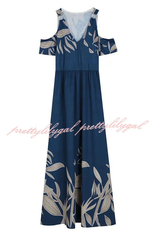 Ayden Plants Print Cold Shoulder Pocketed Flared Maxi Dress