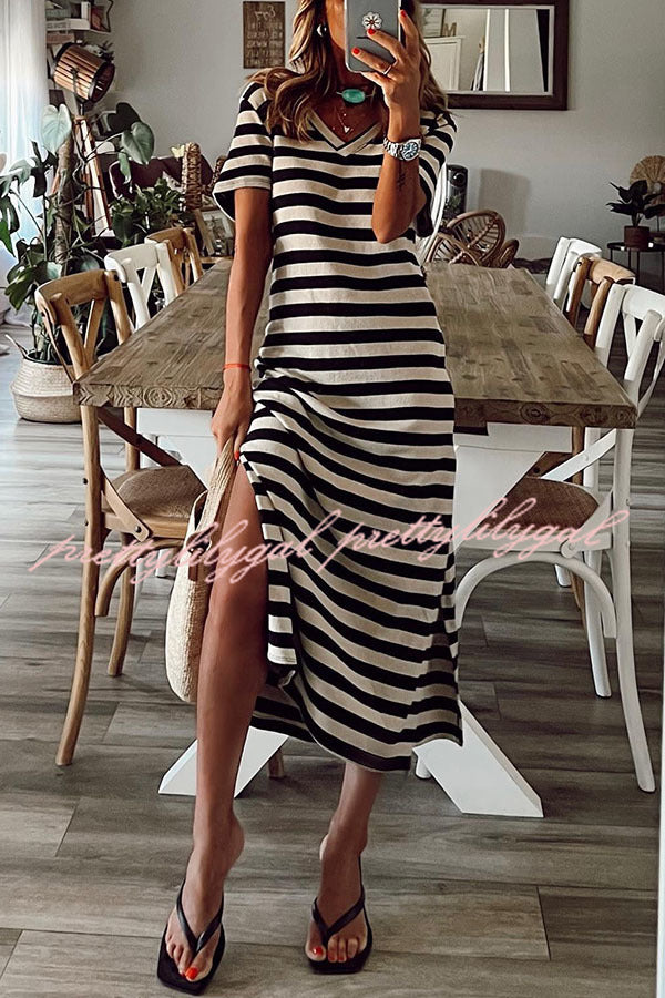 Brilliant Basics Stripe V Neck Casual Midi Dress