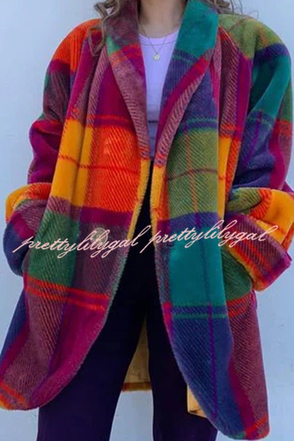 Show Stopping Plush Lined Lapel Color Blocked Long Sleeved Coat