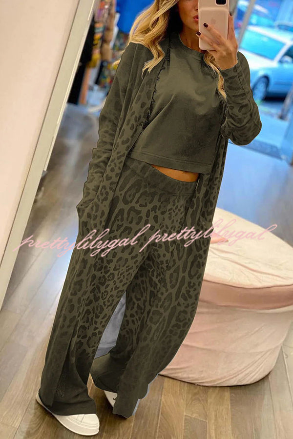 Comfort first Leopard Print Pocket Long Sleeve Cardigan Elastic Waist Pants Set