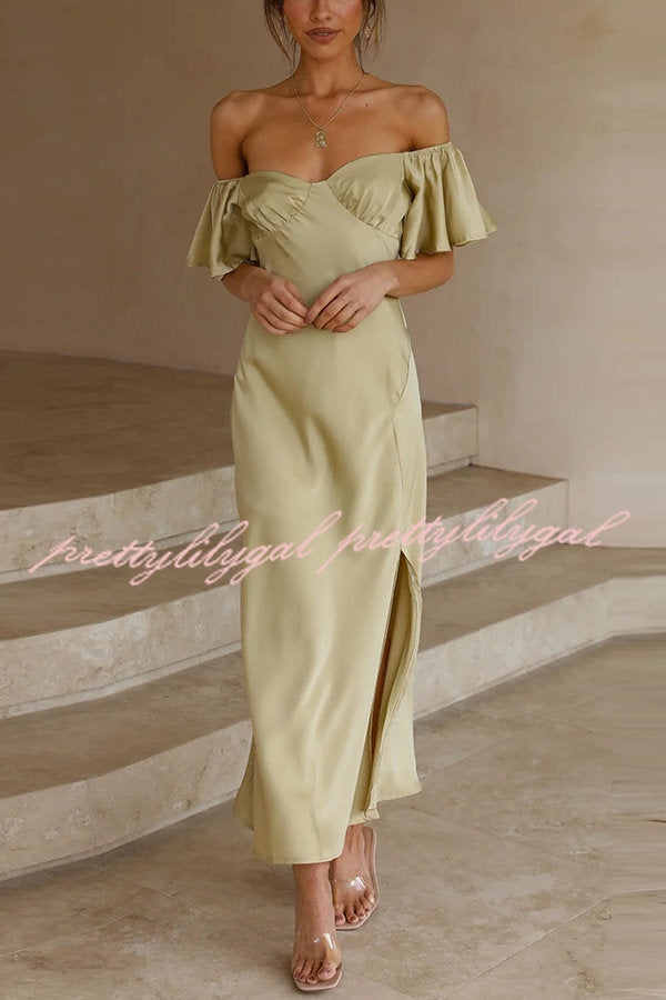 Pure Love Satin Butterfly Sleeve Slit Midi Dress