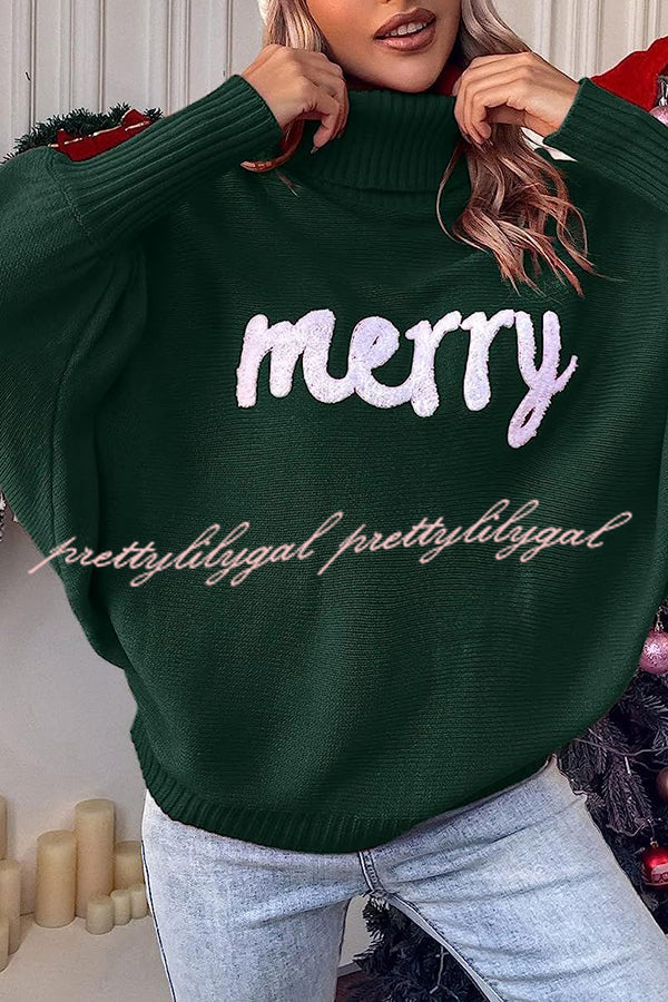 Happy Holidays Contrast Love Letter Turtle Neck Bat Sleeve Sweater