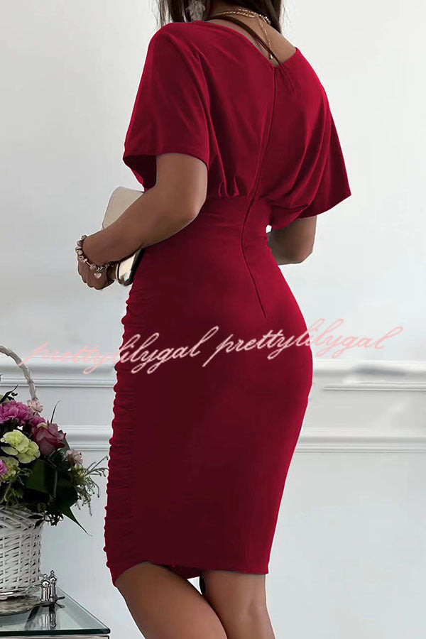 Gorgeous Day Batwing Sleeve Ruched Midi Dress