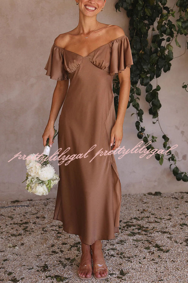 Pure Love Satin Butterfly Sleeve Slit Midi Dress