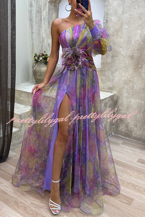 Picturesque Beauty Tulle Floral Pleated One Shoulder Sleeve Slit Maxi –  prettylilygal