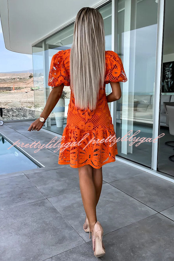 Ever So Sweet Crochet Lace Puff Sleeve Mini Dress