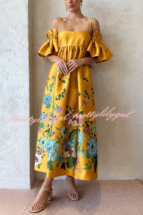 Sweetest Marigold Printed Gathered Sleeve Pocketed A-line Midi Dress