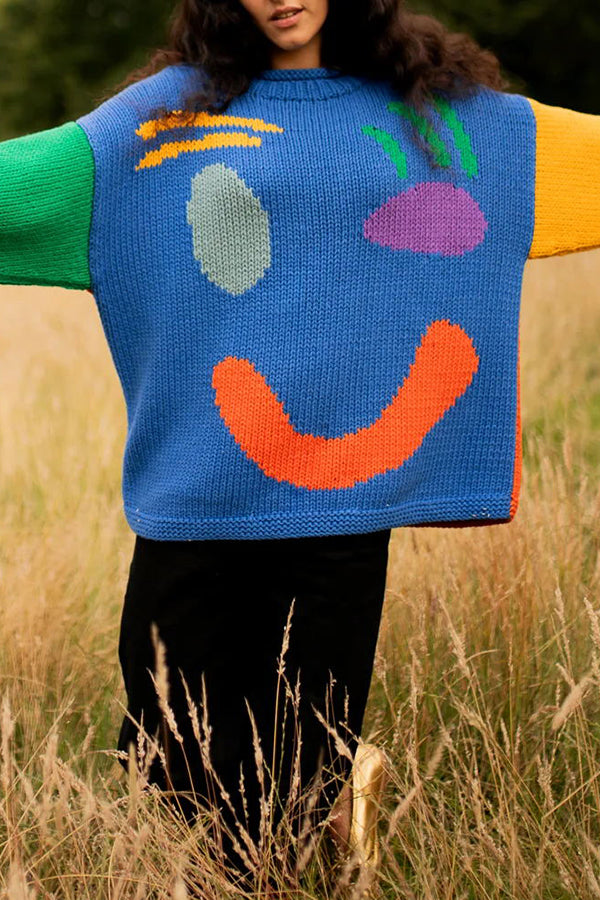 Feel Good Knit Colorful Smiley Face Loose Pullover Sweater