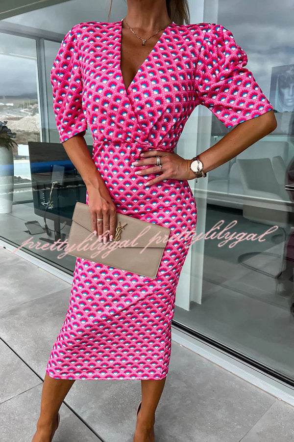 Late Night Gala Satin Printed Puff Sleeve Midi Dress