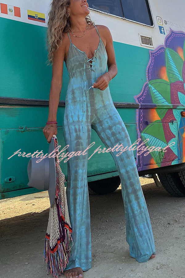 Amelie Tie-dye Print Front Lace-up Stretch Flare Jumpsuit