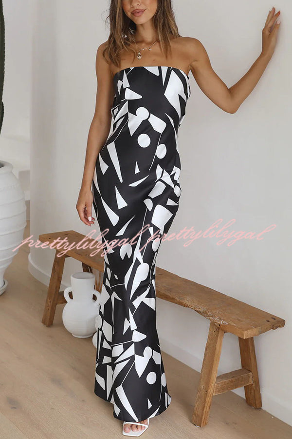 Cassy Satin Geometric Print Off Shoulder Maxi Dress