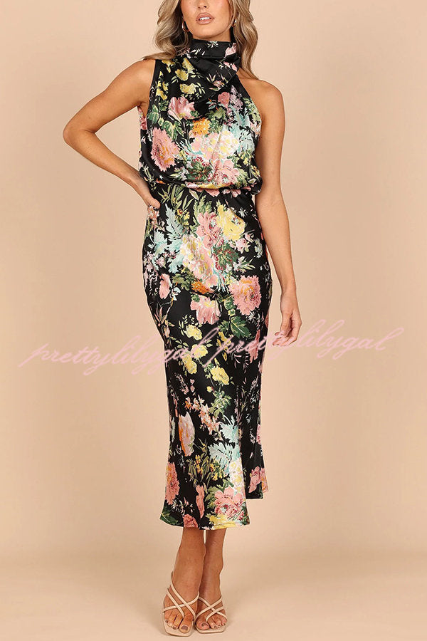 Wine Country Dates Floral Halter Neck Elastic Waist Maxi Dress