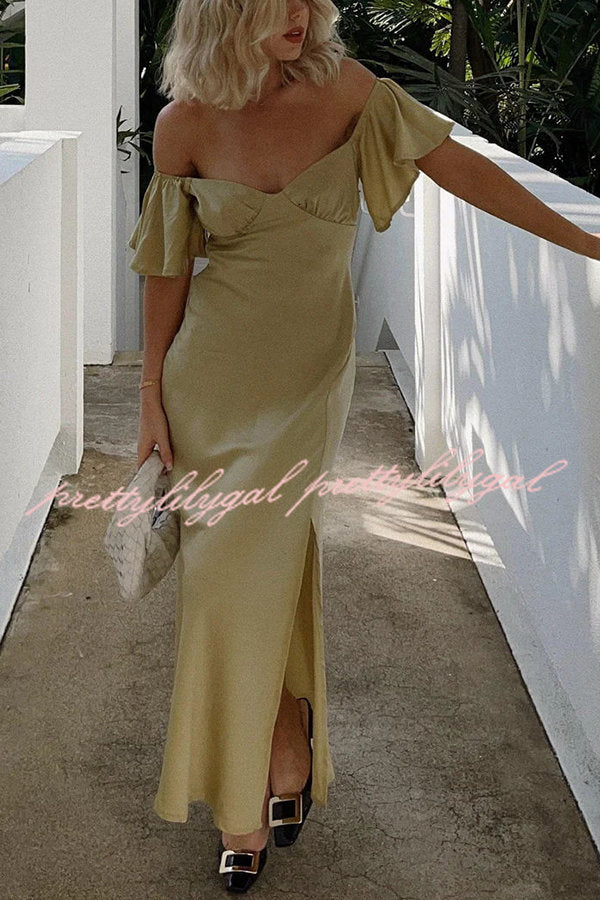 Pure Love Satin Butterfly Sleeve Slit Midi Dress