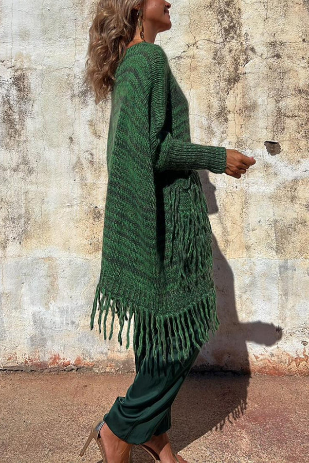 Coming with You Knit Tassel Trim Pocketed Loose Sweater