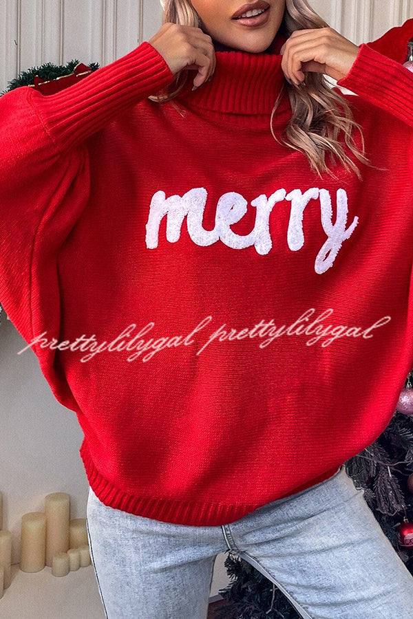 Happy Holidays Contrast Love Letter Turtle Neck Bat Sleeve Sweater