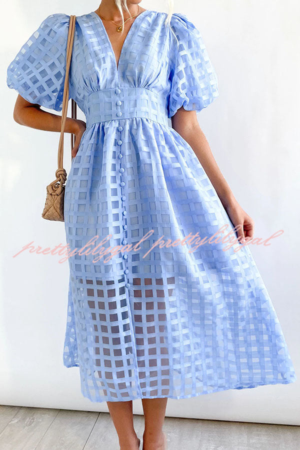 Remarkable Beauty Square Patterned Fabric Puff Sleeve Midi Dress