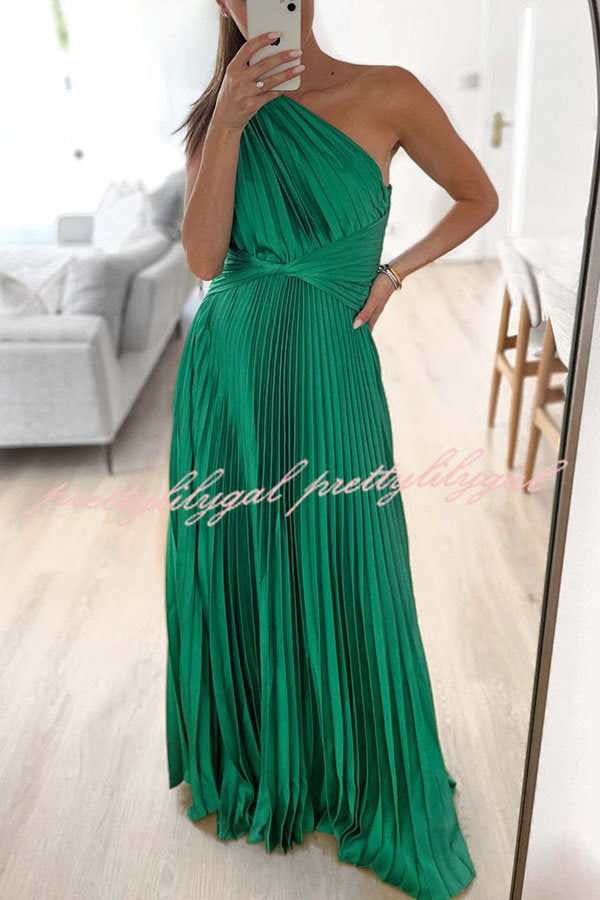 Keira One Shoulder Pleated Satin Maxi Dress