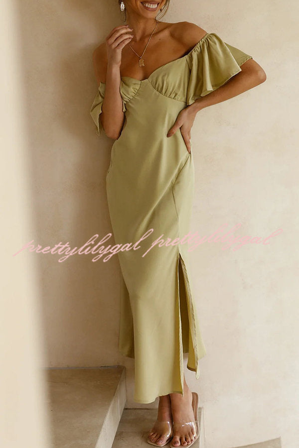 Pure Love Satin Butterfly Sleeve Slit Midi Dress