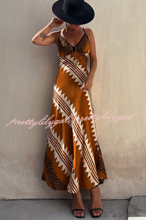 Always Falling Satin Ethnic Print Smocked Back Midi Dress