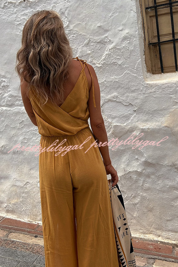 Shore Thing Babe Elastic Waist Slit Wide Leg Jumpsuit