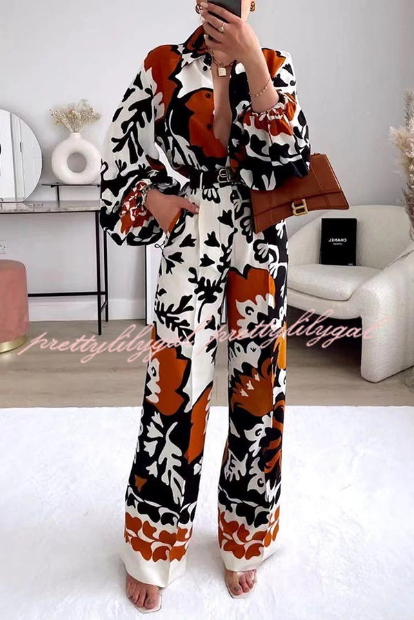 Belt Irregular Print Pocket Long Sleeve Top Trousers Set