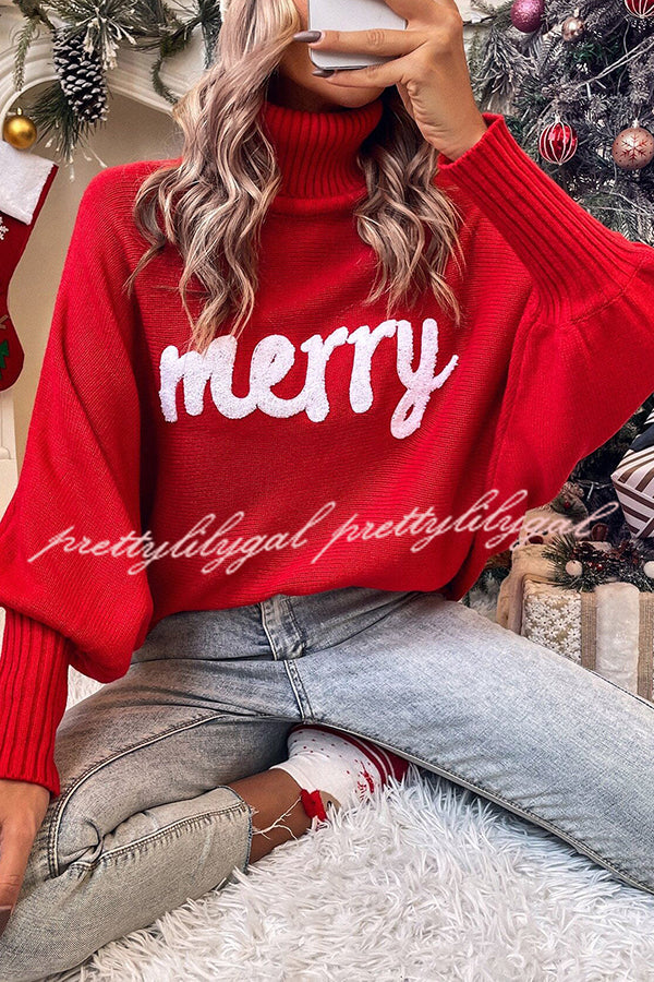 Happy Holidays Contrast Love Letter Turtle Neck Bat Sleeve Sweater