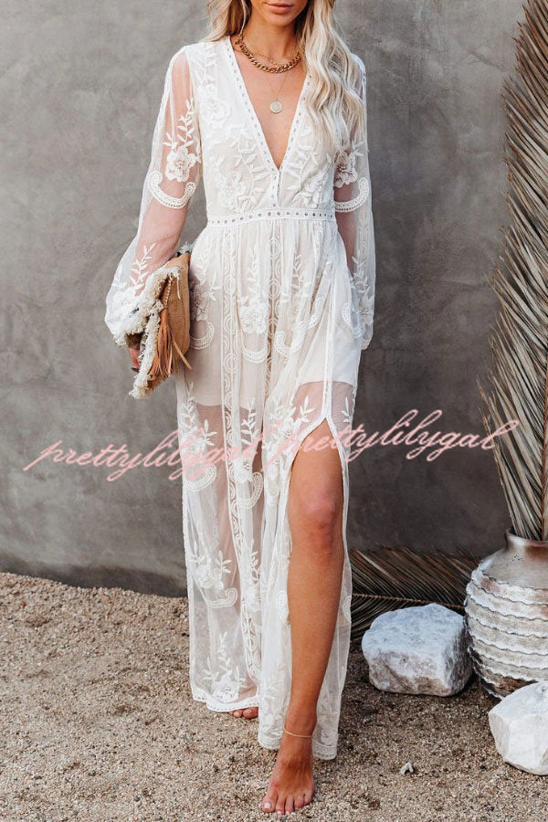 Fairy Air Fluttering V-neck See-through Lace Dress