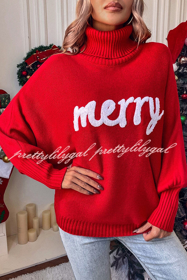 Happy Holidays Contrast Love Letter Turtle Neck Bat Sleeve Sweater