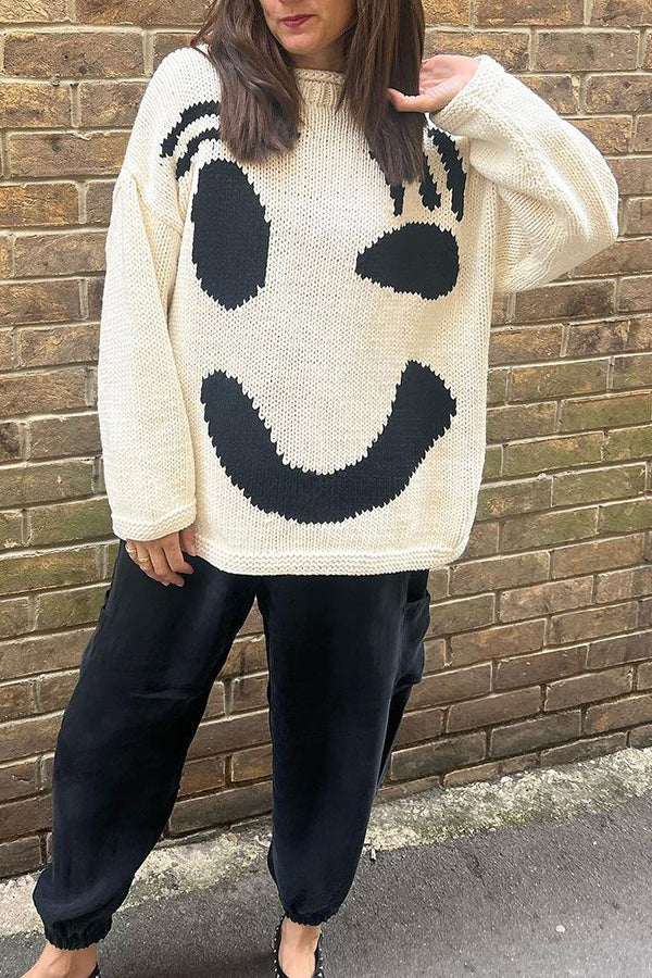 Feel Good Knit Colorful Smiley Face Loose Pullover Sweater