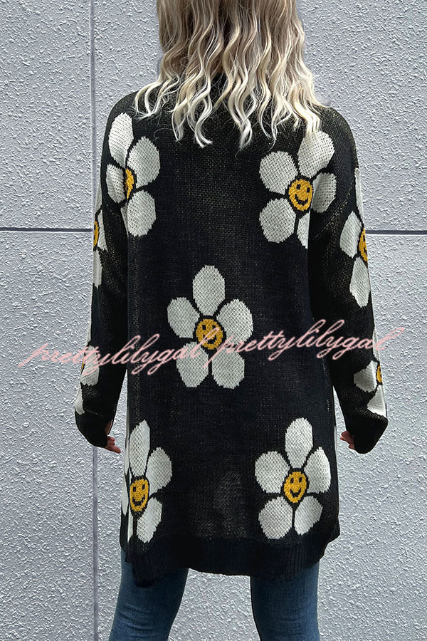 Smiley Floral Print Button Cardigan