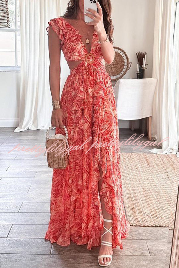 Boldest Bloom Floral Printed Ruffle Sleeve Cutout Maxi Dress