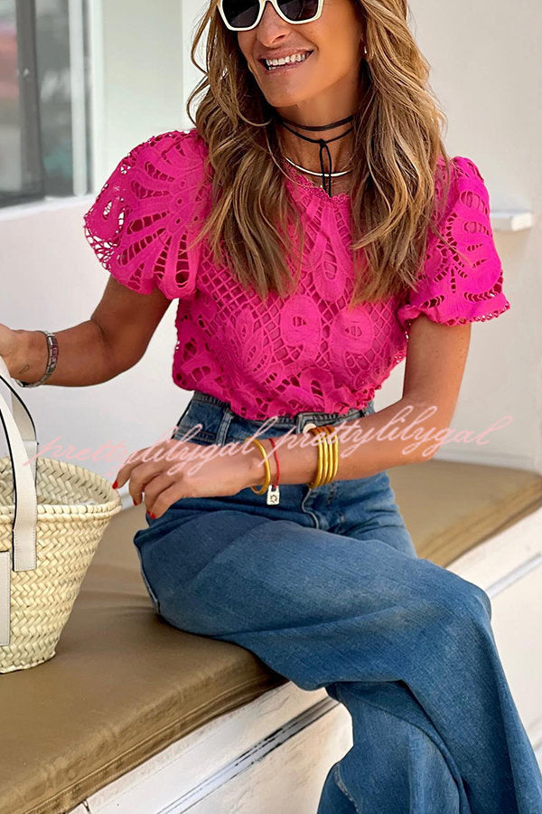 Here Comes The Sun Crochet Lace Puff Sleeve Blouse