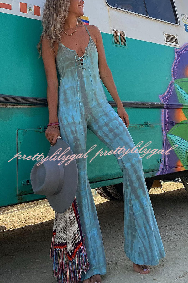 Amelie Tie-dye Print Front Lace-up Stretch Flare Jumpsuit