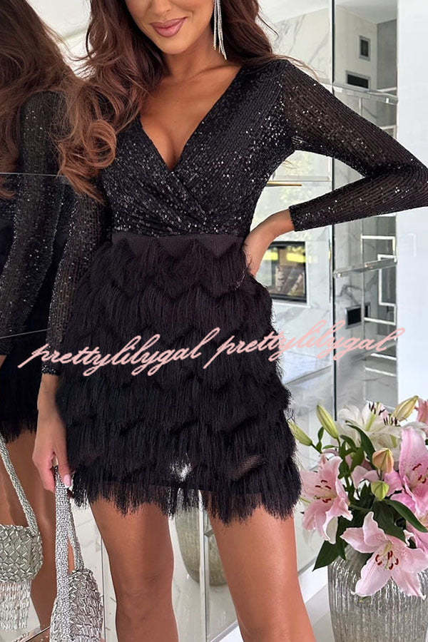 Spinning on The Dance Floor Sequin Patchwork Tiered Fringe Mini Dress