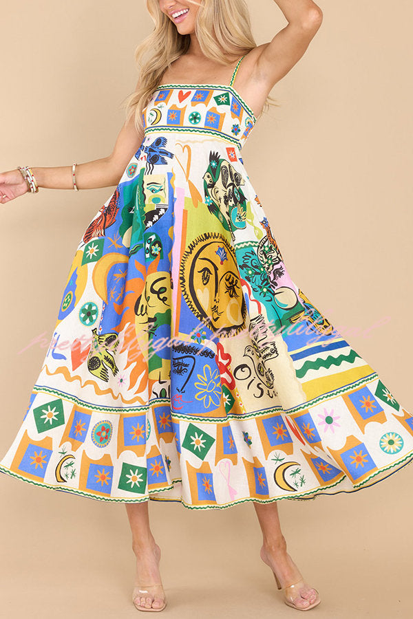 Joyful Glow Goddess Linen Blend Unique Print Pocketed Smocked Back Midi Dress