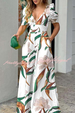 Milly Printed Puff Sleeve Pocketed Wide Leg Jumpsuit