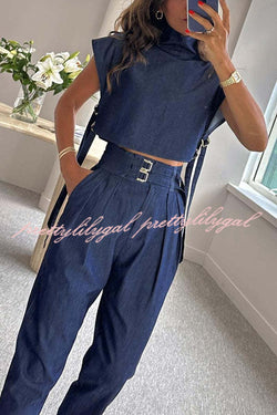 Posie High Neck Side Straps Top and Cargo Belt Pocketed Pants Set