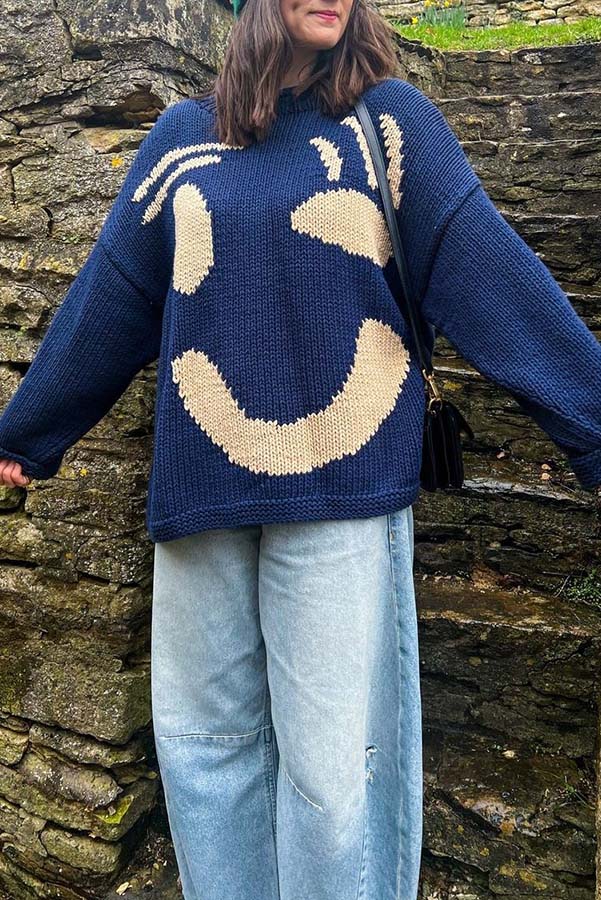 Feel Good Knit Colorful Smiley Face Loose Pullover Sweater