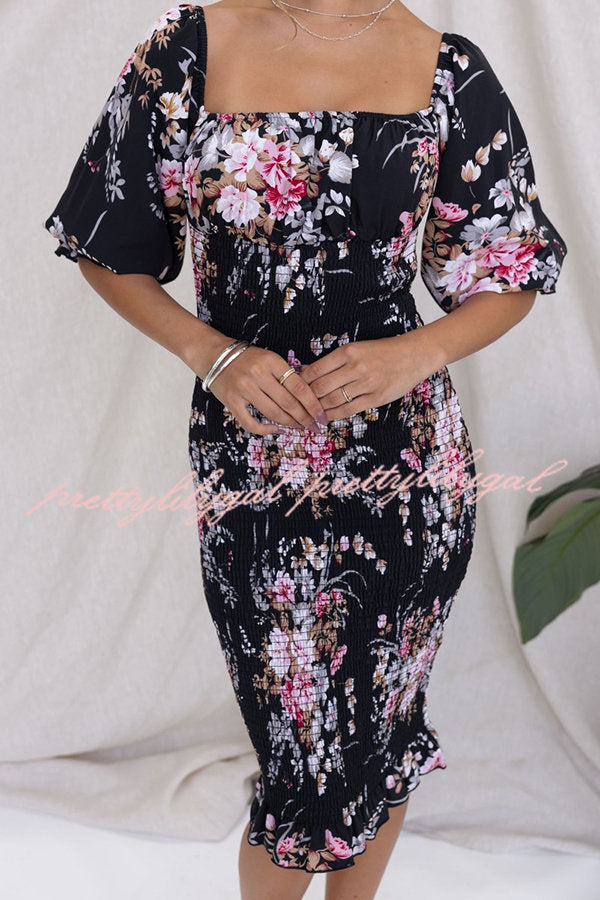 Midnight Beauty Floral Smocked Midi Dress