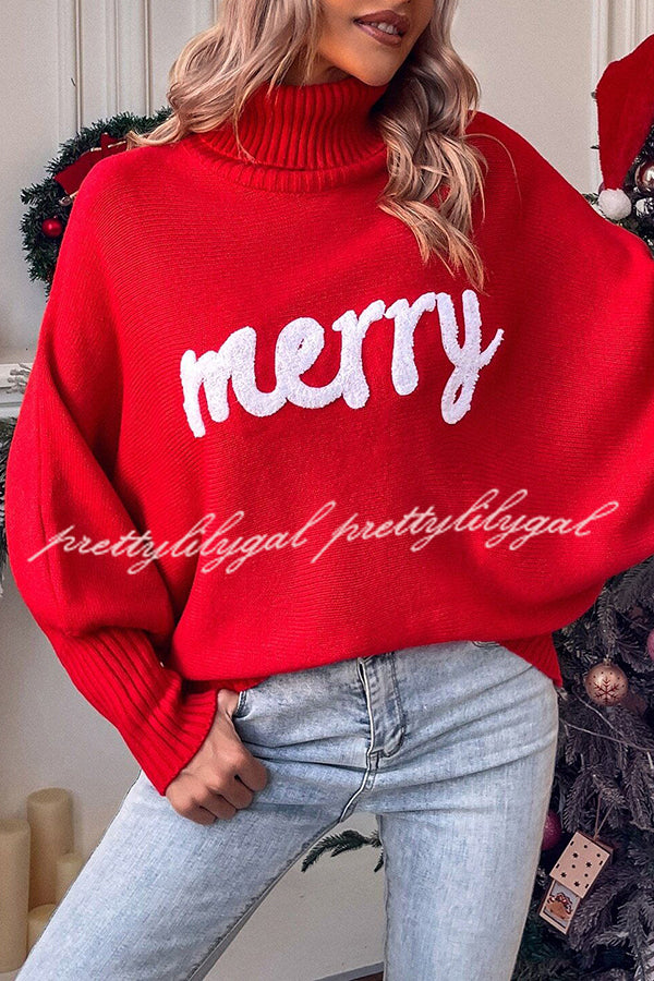 Happy Holidays Contrast Love Letter Turtle Neck Bat Sleeve Sweater