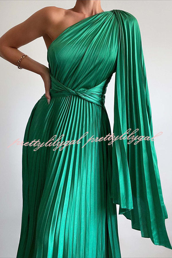 Keira One Shoulder Pleated Satin Maxi Dress